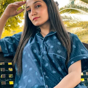 Premium Pima Cotton Button-Down Printed Shirt & PJ Set - Blue